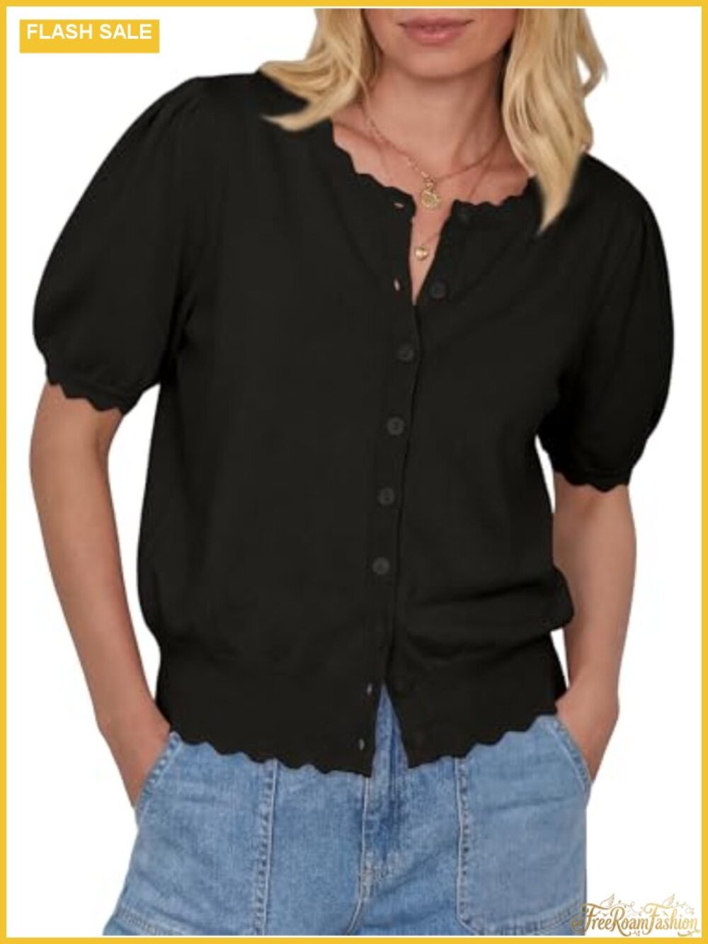 Women's Lightweight Short Sleeve Button Up Cardigan Scalloped Crewneck Puff